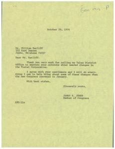Congressman James R. Jones&#39; Response to Mr. William Ratliff&#39;s Concerns about the Postal Corporation, 1976-10-20